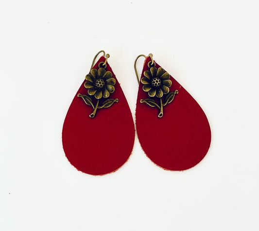 Leather Teardrop w/ Flower Bronze Charm